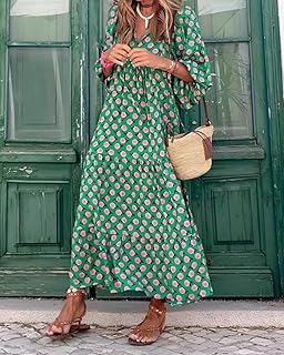 Womens Boho Dresses Summer V Neck Puff Sleeve Floral Flowy Swing Casual Long Dress