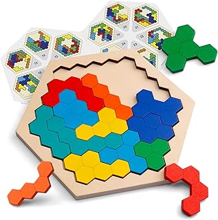 Coogam Wooden Hexagon Puzzle for Kid Adults - Shape Pattern Block Tangram Brain Teaser Toy Geometry Logic IQ Game STEM Montessori Educational Gift for All Ages Challenge