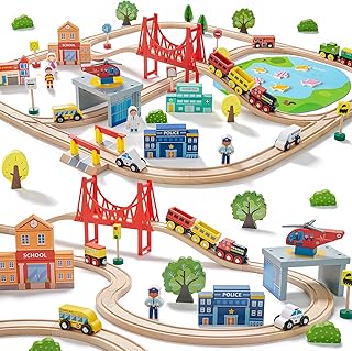 Tiny Land 110PCS Wooden Train Set – Toy Train with Tracks for Kids Ages 3-7, Compatible with Major Brands, Ideal Railway Playset for Boys and Girls, Great Birthday
