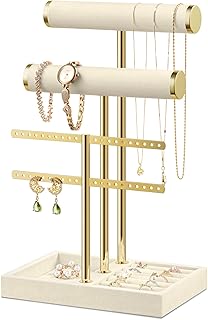 Josmimic Bracelet Holder Jewelry Organizer Display - 3 Tier T Bar Velvet Stand, Beige Jewelry Storage for Bracelet, Necklaces, Earrings, Rings, Watches