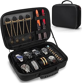 NIFUYOP Travel Jewelry Box Watch Case, 8 Slots Watch Organizer for Men Women, Hard Storage Bag with 10 Ring Holders, 4 Necklace Hooks, 4 Watch Strap, Jewelry Bracelets Carrying Case with Soft Pillow
