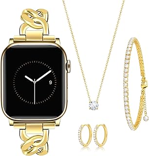 MOINSPIRE Gold Slim Band and 3Pcs Diamond Jewelry Set for Women Compatible with Apple Watch 38mm 40mm 41mm 42mm(S10/11) Adjustable Metal Dressy Bracelet for iWatch Series 11/10/9/8/7/6/5/4/SE/3/2/1