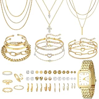 61 Pieces Gold Jewelry Set for Women Fashion Costume Jewelry Gold Plated Necklace Bracelet Watch Ring Earrings Set for Women