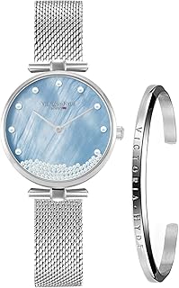 Women's Watch Sets Silver Ladies Watch with Mother of Pearl Dial Wrist Watch Bangle Set
