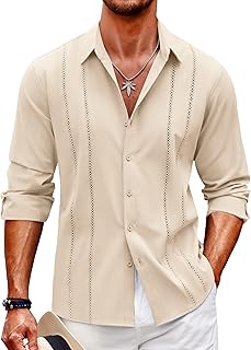 Mens Cuban Guayabera Shirt Casual Button Down Shirts Long Sleeve Summer Beach Shirts