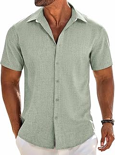 Mens Button Down Short Sleeve Shirt Casual Beach Linen Shirts Wedding Summer Vacation Shirt
