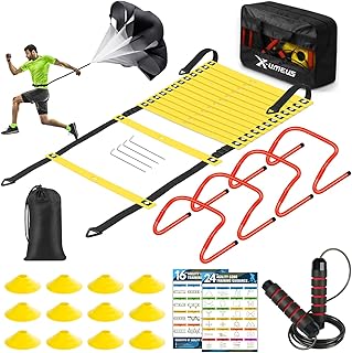 X-UMEUS Agility Ladder Speed Training Equipment Set-20ft Agility Ladder,12 Soccer Cones,4 Hurdles, Jump Rope, Running Parachute| Basketball Football Soccer Training Equipment for Kids Youth Adults