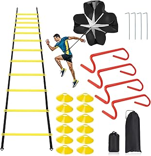 Speed & Agility Ladder Training Equipment Set, Includes 12 Rung 20ft Agility Ladder, 4 Agility Hurdles,12 Disc Cones, 1 Resistance Parachute for Training Football Soccer Basketball Athletes
