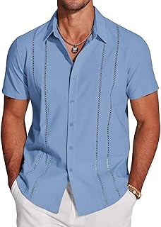Men's Cuban Guayabera Shirt Short Sleeve Button Down Shirts Casual Summer Beach Linen Shirts