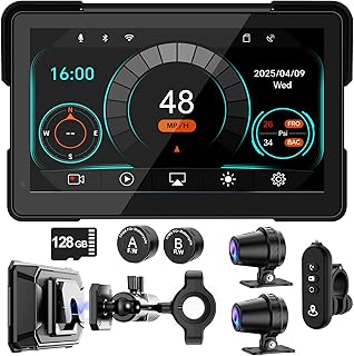 2026 LBW 7" Wireless GPS Motorcycle CarPlay(Includes 128G SD) with Android Auto Navigation, Dual 2K Dash Cam, HD Waterproof Screen, TPMS, Remote Control, BT, Quick Release Anti-Theft Design Mount