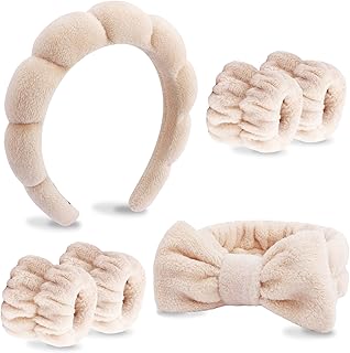 VELSCRUN 6 Pack Spa Headband, Makeup Headband, Face Wash Headbands, Skincare Headbands, Brown Sponge Hair Band Bow Tie Spa Head Band for Washing Face Wristband Set Hair Accessories for Women