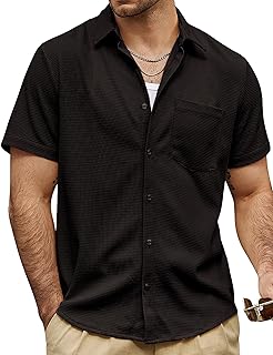 Mens Casual Waffle Shirt Short Sleeve Button Down Summer Shirts Loose Fit Beach Shirts