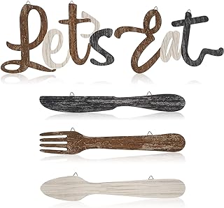 Jetec 5 Pcs Let's Eat Sign Kitchen Wall Decor Fork Spoon Knife Kitchen Decor Sign Rustic Farmhouse Wooden wall decorations for Home Dining Room Bar Cafe Restaurant(Brown, Beige, Dark Gray)