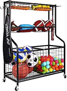 Fitvids Garage Sports Equipment Organizer, Garage Ball Storage, Sports Gear Storage, Garage Organizer with Baskets and Hooks, Rolling Sports Ball Storage Cart, Black, Steel