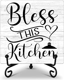 Kitchen Counter Decor, Table Decorations for Dining Room, Blessd Sign, Fun Farmhouse Kitchen Wooden Plaque with Iron Stand for Table Shelf Display-A02