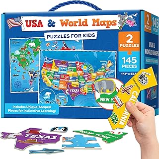 Puzzles for Kids Ages 4-6-8-145pcs World Map & United States Puzzle - Educational Toys for 4+ Year Old - Kids Puzzles Ages 5-8 - Puzzle Games for Kids Ages 5-8 - Gifts for 4 Year Old Girl, Boys