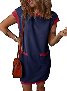Women's 2026 Casual Spring Summer Dresses Fashion Cap Sleeve Color Block Crewneck Shift Tshirt Mini Dress