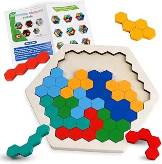 Skrtuan Wooden Blocks Puzzle for Kid Adults Brain Teaser Hexagon Puzzles Games Toy Shape Pattern Block Tangram Geometry Logic IQ STEM Montessori Educational Gift for Kids Boys Girls Challenge