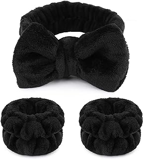 WSYUB Makeup Headbands, 1pcs Black Spa Headband Fluffy Bow Tie Headband Microfiber Face, and 2Pcs Wrist Spa Wash Band Absorbent Wristbands, for Washing Face Skin Care