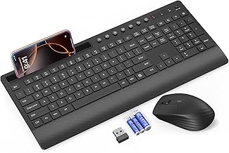 Trueque KM31 Wireless Keyboard and Mouse Combo - Full-Size Quiet Typing with Palm Rest, Phone Holder, Multimedia Keys, Power Switch, Batteries Included, Compatible with Windows, Chrome OS, PC, Laptop