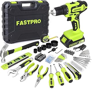 FASTPRO 177-Piece 20V Cordless Lithium-ion Drill Driver and Home Tool Set, Household Repairing Tool Kit with Drill in Storage Case, Green