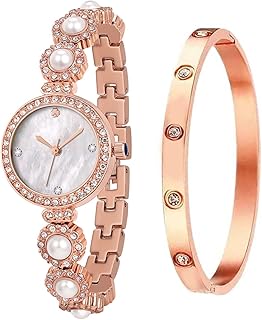 Watches for Women Pearl Bracelet Mother of Pearl Dial Iced Out Watch Quartz Crystal Stainless Steel with Bracelet
