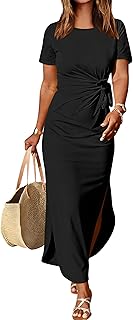 Womens Summer Maxi Dress Casual Short Sleeve Tie Waist Split Long Tshirt Dresses 2026 Spring Vacation Cruise Clothes