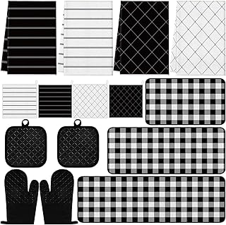 SmoothNovelty 15 Pcs Farmhouse Kitchen Decor and Accessories Set 4 Kitchen Towels 2 Pot Holders 2 Oven Mitts 3 Rugs 4 Dishcloths Absorbent Set Heat Resistant Pot Pads for Cooking Baking(Black White)