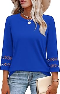 3/4 Length Sleeve Womens Tops and Blouses Dressy Casual Crewneck T Shirts Fashion Clothes Loose Fit Trendy