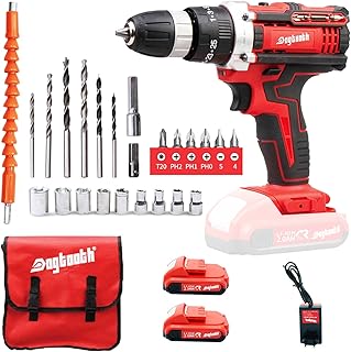 DOGTOOTH Cordless Drill Driver 21V - 2.0Ah Brushless Drill with 2 Batteries, Portable Power Drill Set for Metal Drilling, Professional Woodworking, Mechanical & Engineering Projects - Red