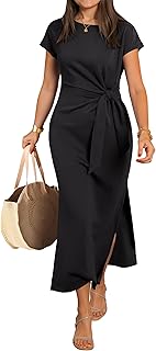 Womens Summer Maxi Dress Casual Crew Neck Tie Waist Split Wrinkle-Free Fit Long Fashion Vacation Dresses 2026 Spring