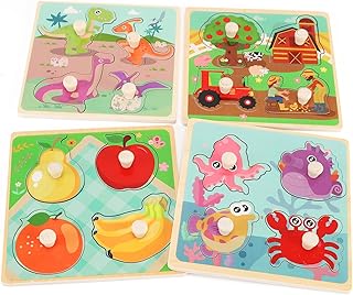Wooden Peg Puzzles for Toddlers 1-3, Kids' Educational Preschool Peg Puzzle Toy, Set of 4 Toddler Puzzles - Farm, Dinosaur, Fruit and Marine Animals, Ideal Gift for Ages 1 2 3 Boys and Girls