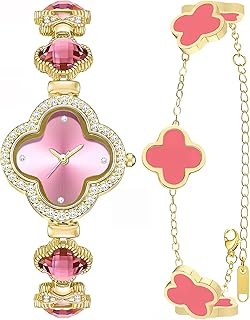 2 Pieces Women Gold Watch Bracelet Set Lucky Clover Bracelet Watch Jewelry Set 18K Gold Plated Wristwatch Flower Design Four Leaf Bracelets for Women