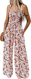 Women's Casual Loose Overalls Jumpsuits One Piece Sleeveless Printed Wide Leg Long Pant Rompers With Pockets