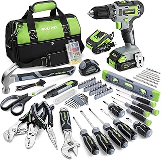 WORKPRO Home Tool Set with 20V Cordless Lithium-Ion Drill Driver, Household Repairing Tool Kit with Drill, 157PCS Power Drill Sets, 14-Inch Wide Mouth Storage Tool Bag, Green