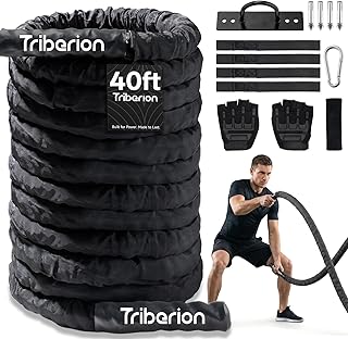 Battle Rope for Home Gym Workout - 1.5 Inch 40ft Heavy Weighted Training Exercise Ropes Fitness Equipment with Sleeve and Anchor Strap Kit for Outdoor Working Out