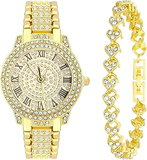 2 Pieces Women Diamond Watch Bracelet Set Luxury Fashion Jewelry Cubic Zirconia Wristwatch Bracelet Gold Watch Jewelry Set for Women