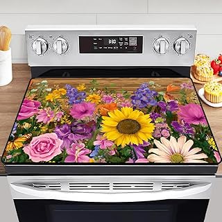 Flower Electric Stove Cover Retro Wood Grain Pattern Glass Stove Top Protector,Sunflower Stove Top Protector Suitable for Electric Stove,28.5”x 20.5”