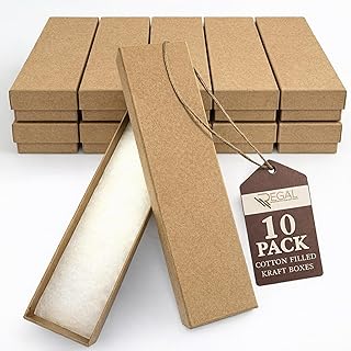 RJ Displays 10 Pack Bracelet Jewelry Boxes, Brown Kraft Cotton Filled Gift Box with Lid – Small Jewelry Gift Box for Necklace, Watch, Bracelet Display Packaging Boxes – 8" x 2" x 1" Inch