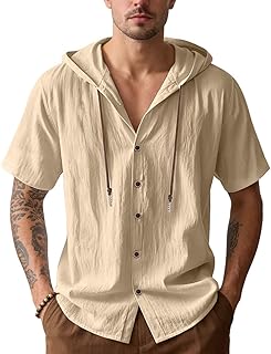 Men's Cotton Linen Shirts Short Sleeve Casual Sweatshirts Button Down Summer Beach Wedding Shirts with Hoodies