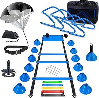 Haootadiy Agility Training Equipment, Football Training Equipment Includes 20FT Agility Ladder,4 Adjustable Agility Hurdles, 12 Football Cones, Parachute, for Training Soccer Basketball Athletes