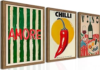 Framed Kitchen Wall Art Set of 3, Abstract Table Food Kitchen Wall Decor, Chilli Pictures Prints Artwork, Vintage Dining Room Canvas Painting, Modern Kitchen Home Decoration – 12x16 inch