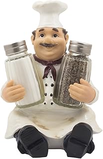 Sitting French Chef Pierre Glass Salt and Pepper Shaker Set with Decorative Display Stand Table Centerpiece Figurine for Country Cottage Decor Spice Racks & Gourmet Kitchen Decorations As Collectible
