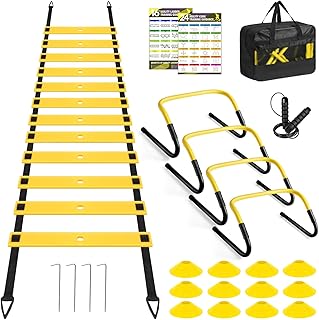 BORNEW Agility Speed Training Equipment Set, Football Practise Set with 20ft Agility Ladder, 12 Cones, 4 Adjustable Hurdles, Jump Rope, for Basketball, Soccer Training, Football, Kids, Youth, Adults