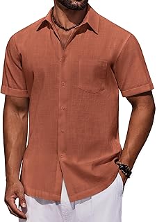 Mens Short Sleeve Button Down Shirts Casual Cotton Beach Summer Linen Textured Shirts